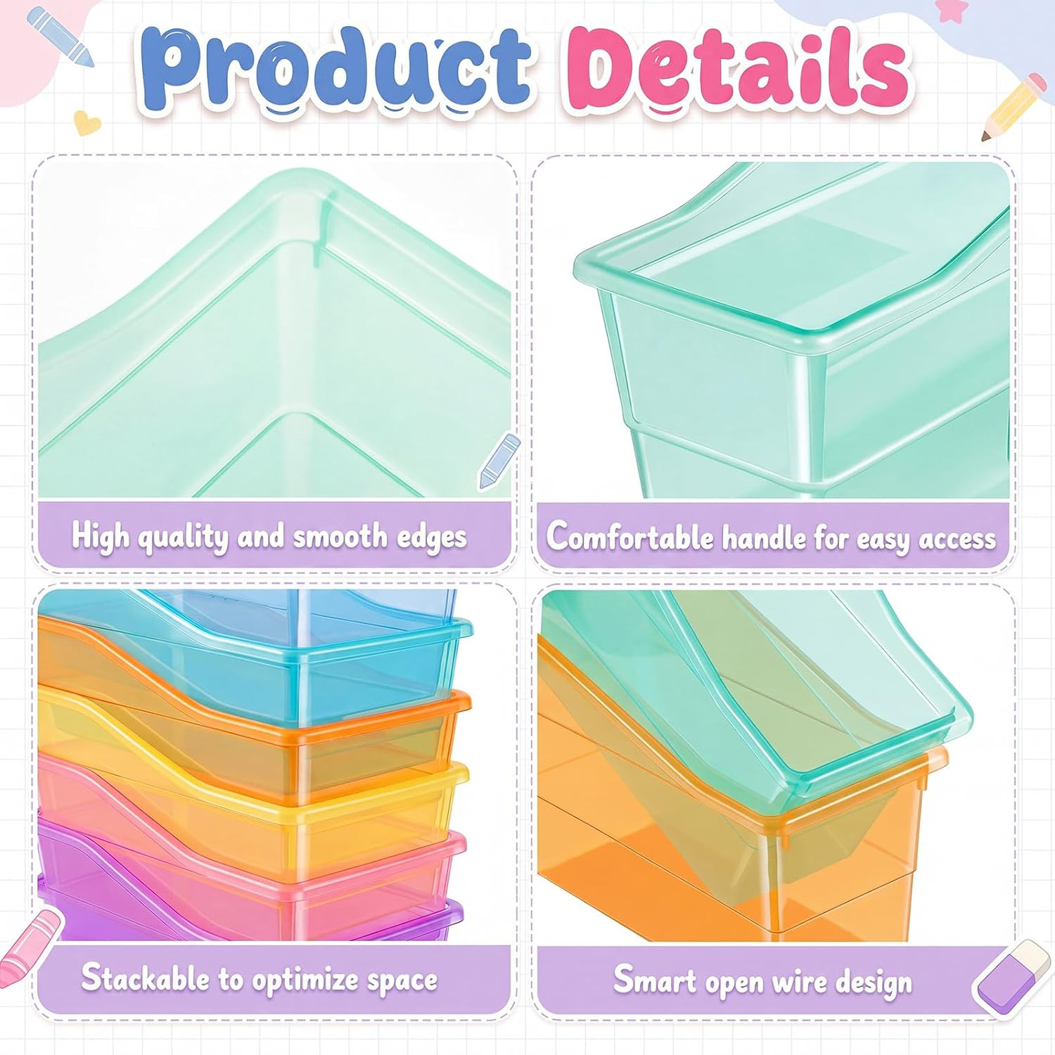 6 Set Book Bins for Classroom with Label Sticker Book Box Baskets Plastic Stacka