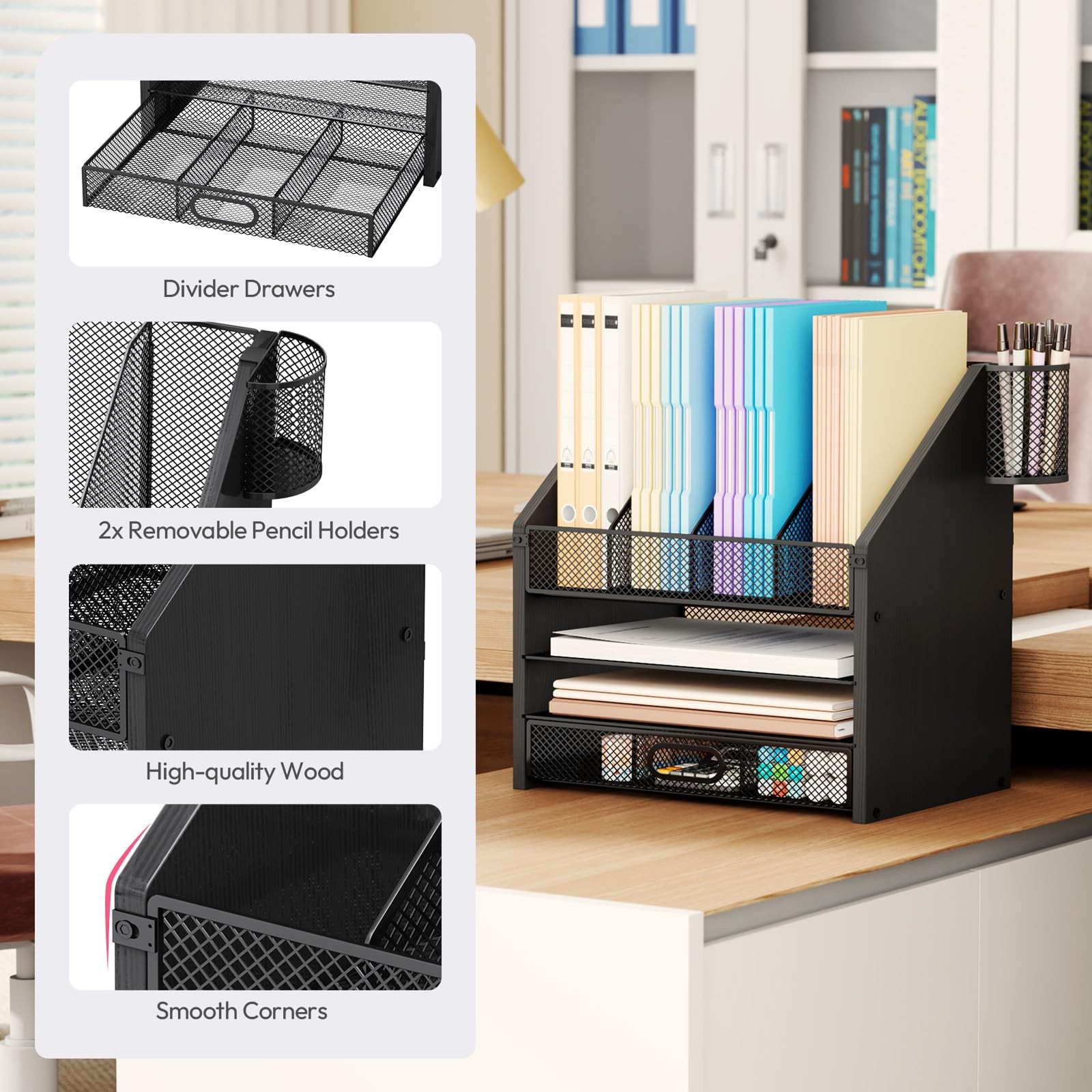 SWTYMIKI Desk Organizer with Drawers – Mesh and 13.3″ x 10.2″ x 15.8″, Black
