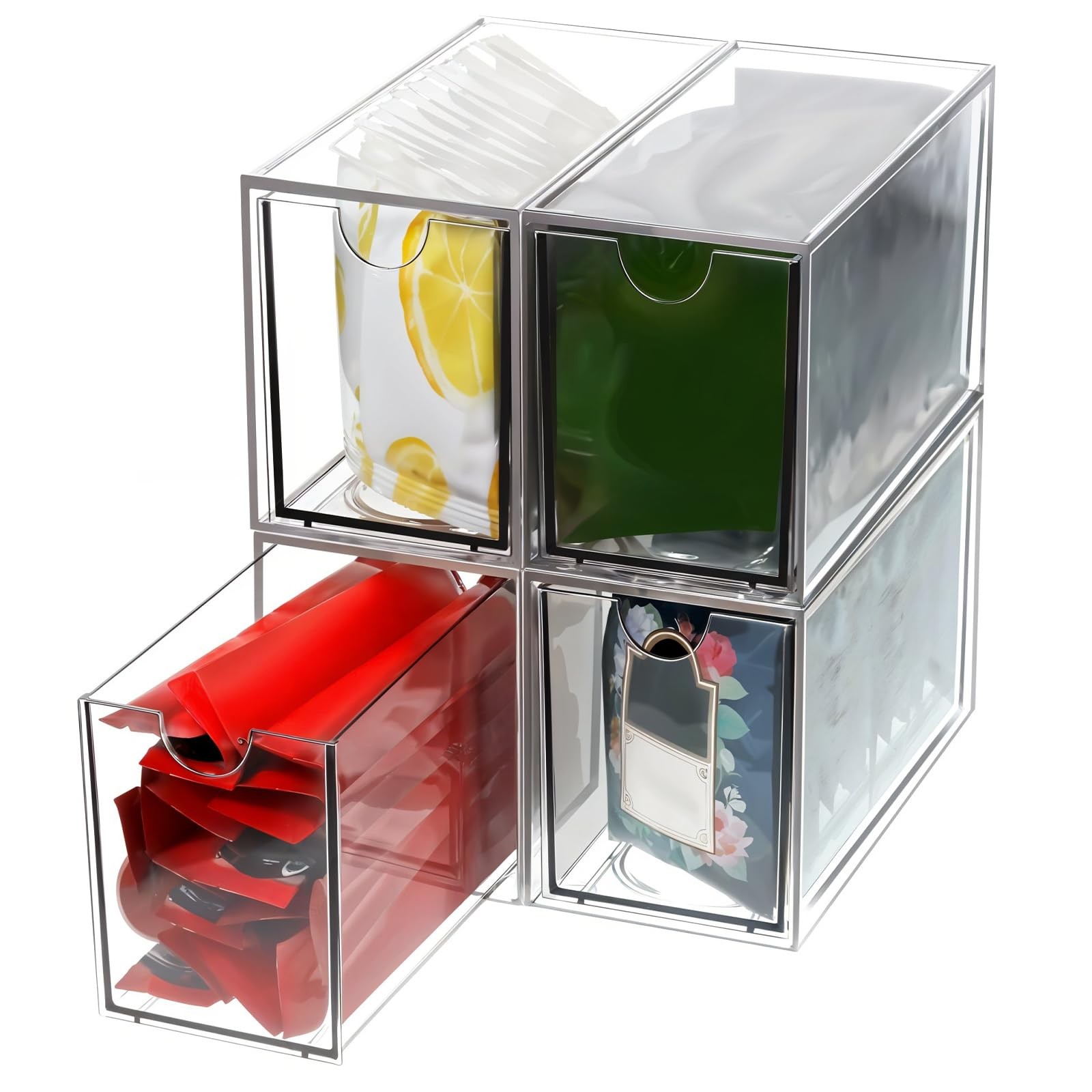 4 Pack Tea Bag Organizer Plastic Stackable Clear 6.5″L x 3″W x 3.9″H,