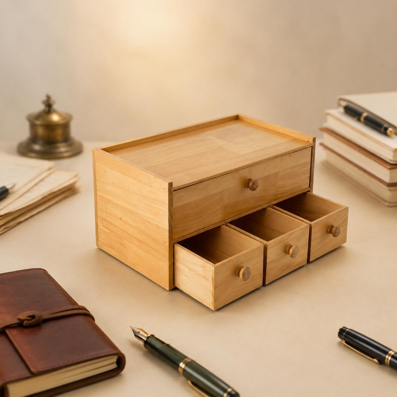 Wooden Desktop Storage Box Sturdy 4 Drawer Storage Box No Assembly Required