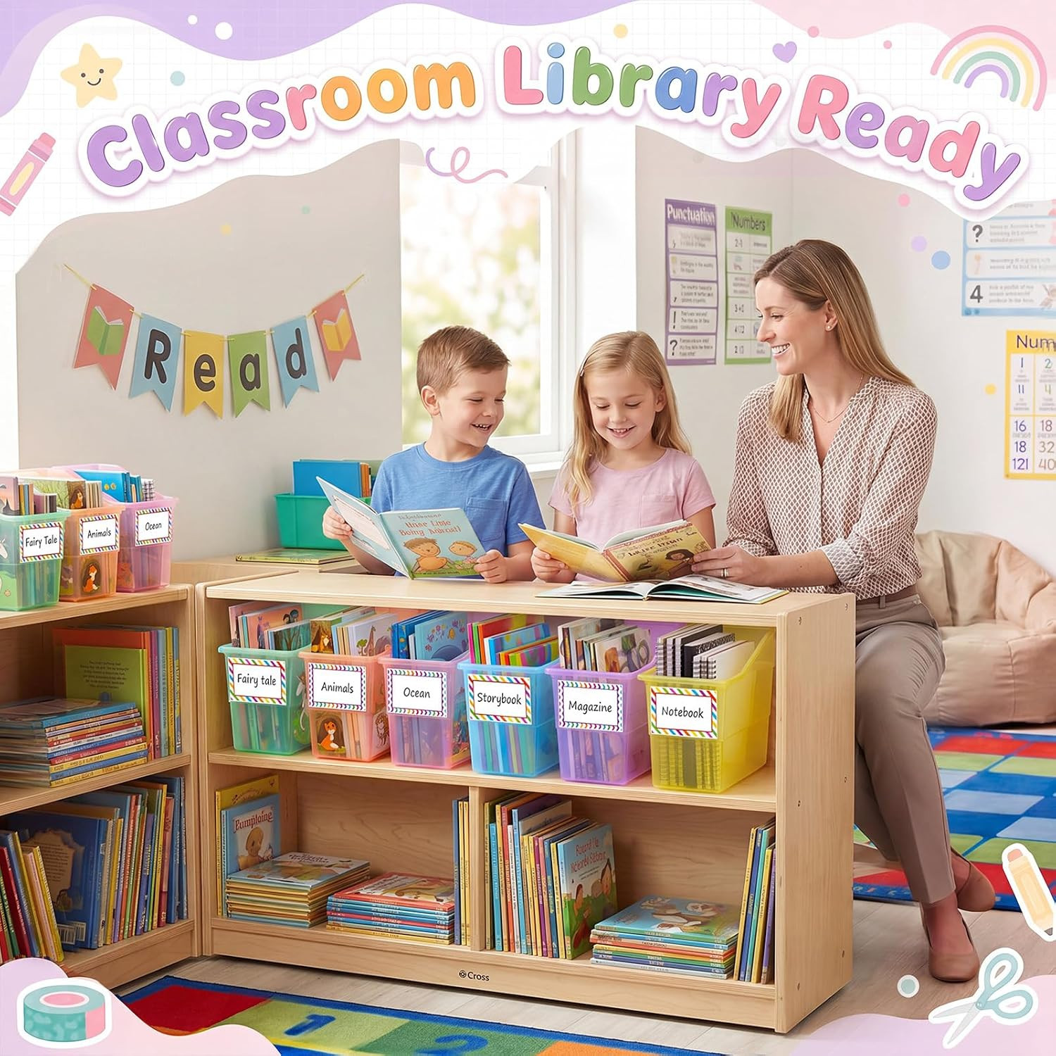 6 Set Book Bins for Classroom with Label Sticker Book Box Baskets Plastic Stacka