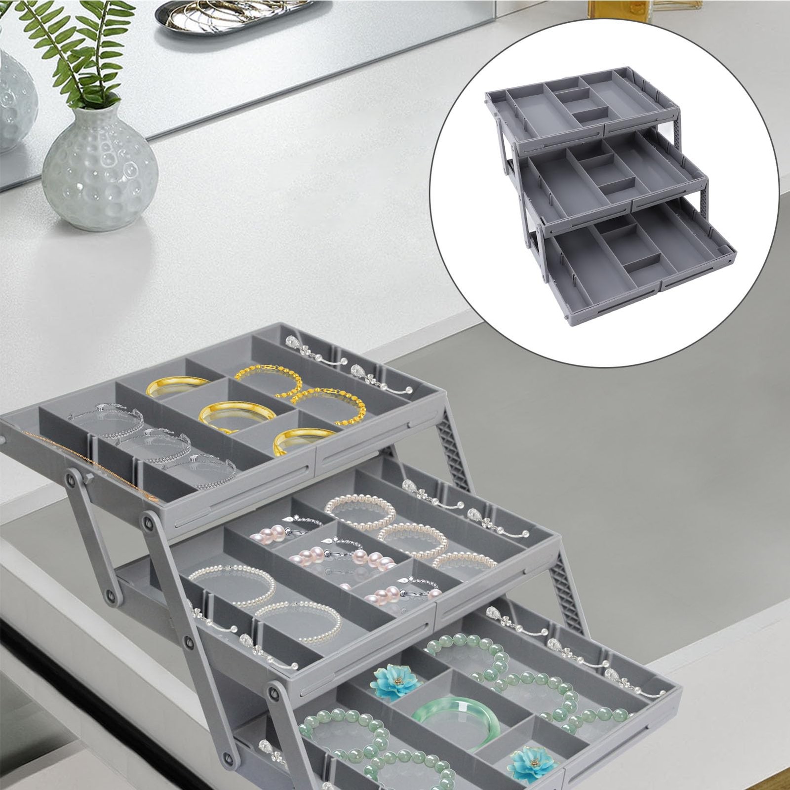 Fockety Drawer Organizer, Multi Level Collapsible 3 Layers, Grey