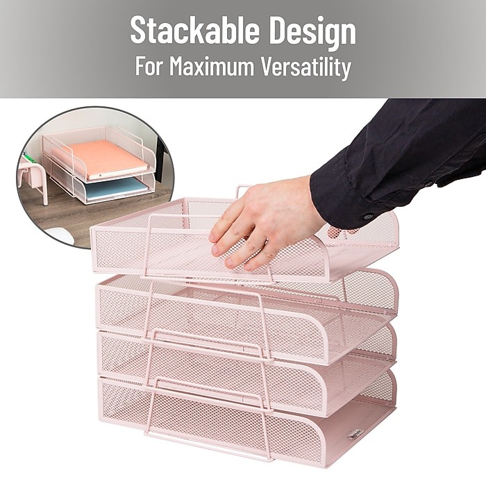 Mind Reader 4pc Wire Stack Front Loading Stackable Letter Tray Pale Pink