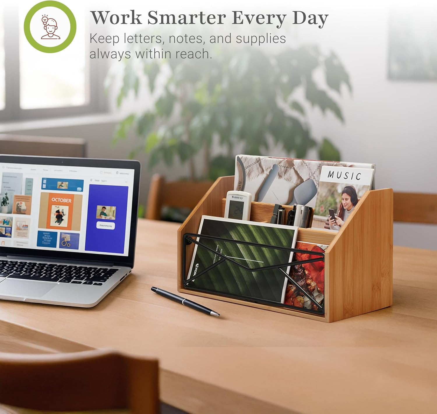 Bamboo Desk Organizer for Office and Home – Natural Bamboo Mail Organizer for Co