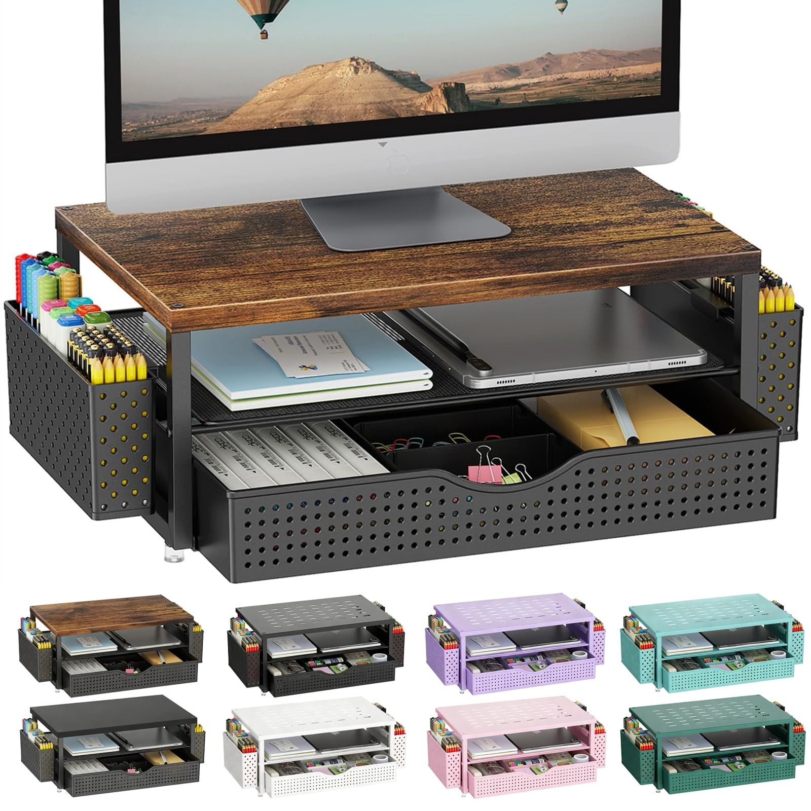 Wooden Desk Organizer with Drawer & 2 Pen Holders – Monitor Stand for Office & D
