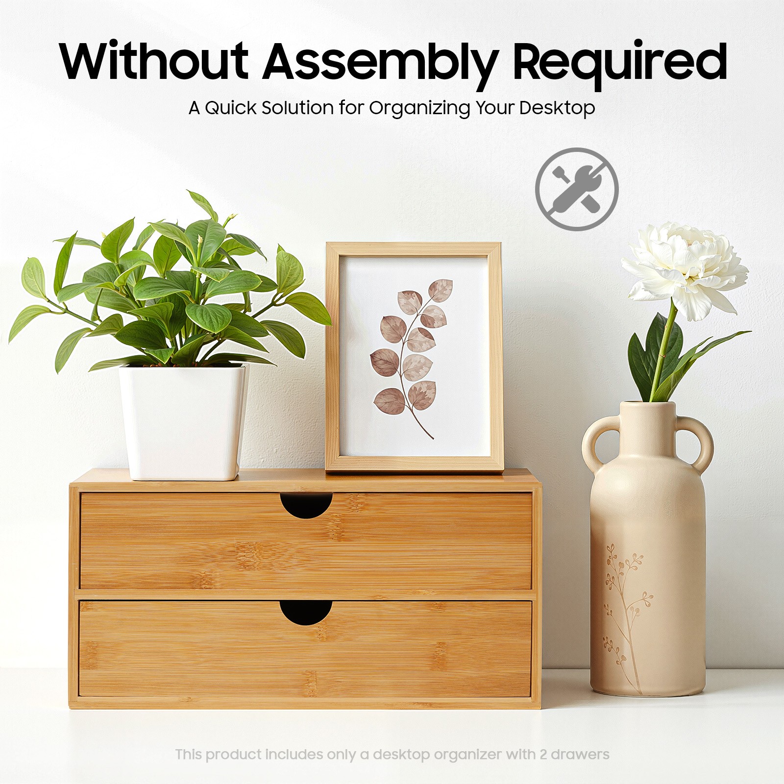 Bamboo Desk Organizer -Tabletop Mini Bamboo Desk Drawer Storage Box w/ 2 Drawers