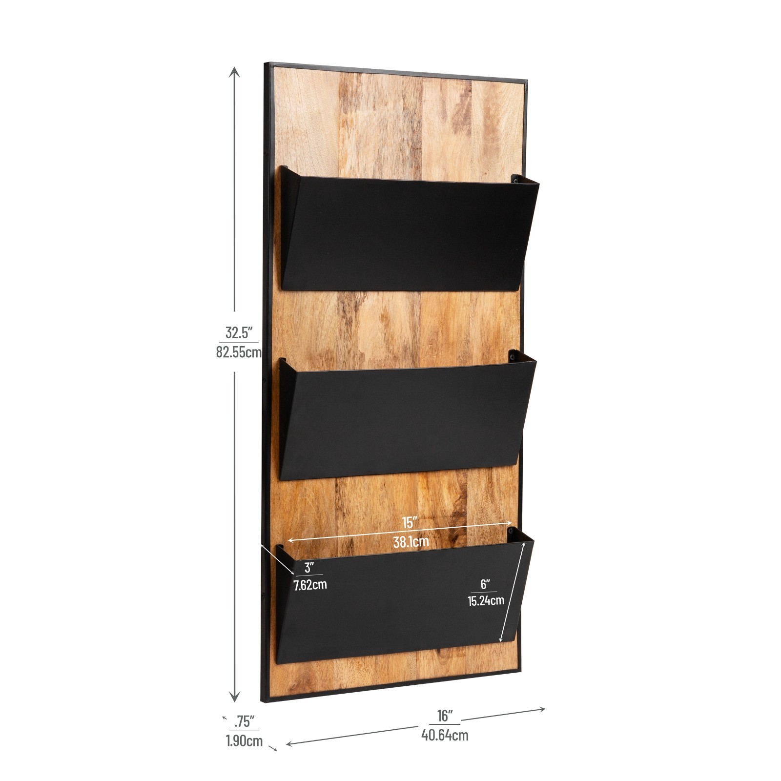 3-Tier Wall-Mounted File Organizer, Wood and Metal Vertical Rack, Black