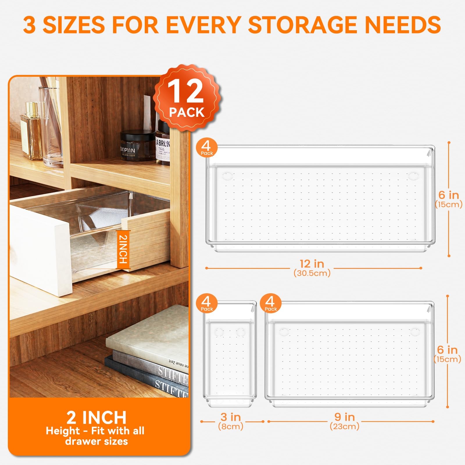 Criusia 12 Pack Large Clear Plastic Drawer Organizer Acrylic Drawer Storage For