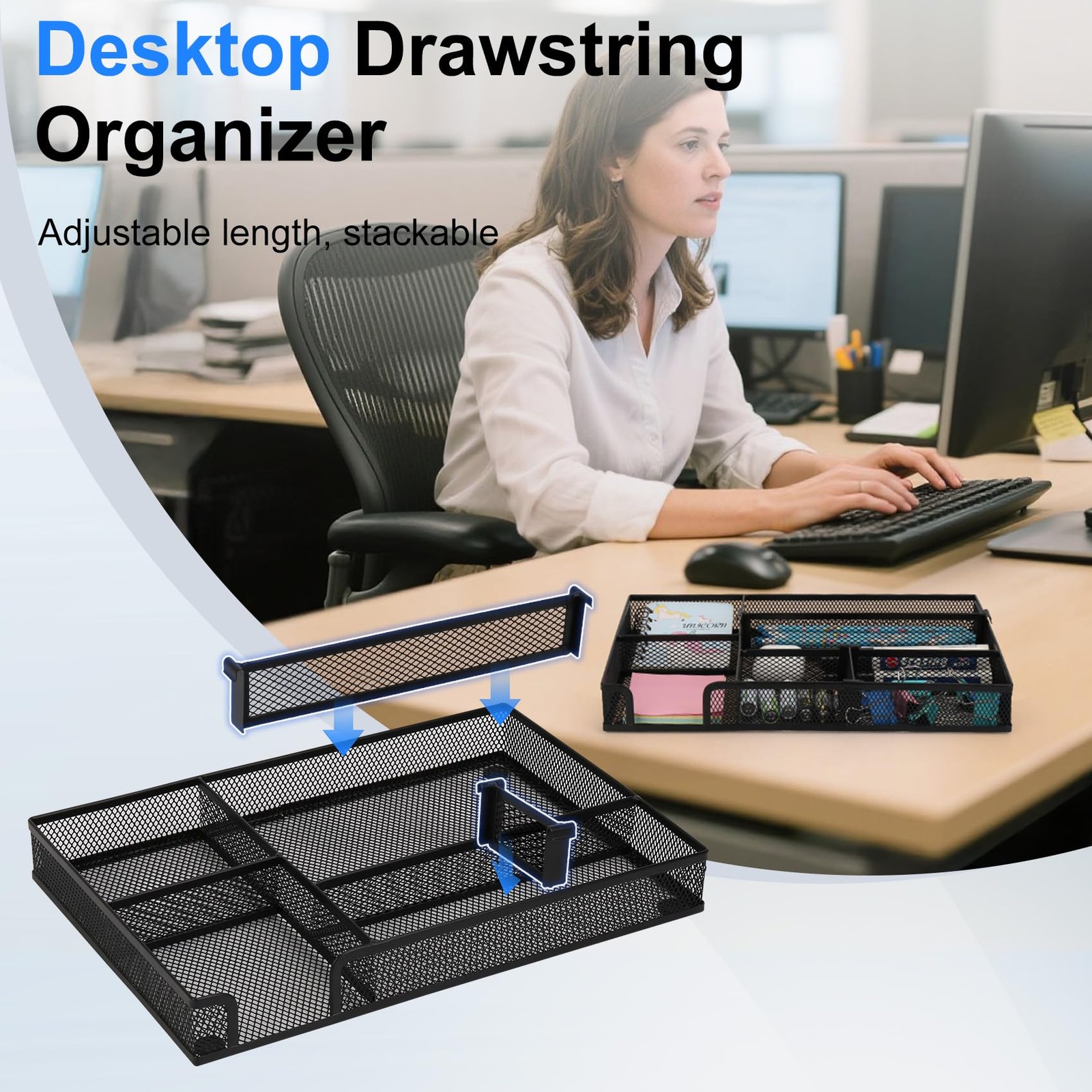 Desk Drawer Organizer Tray with 2 Adjustable Compartments, Metal Mesh Black