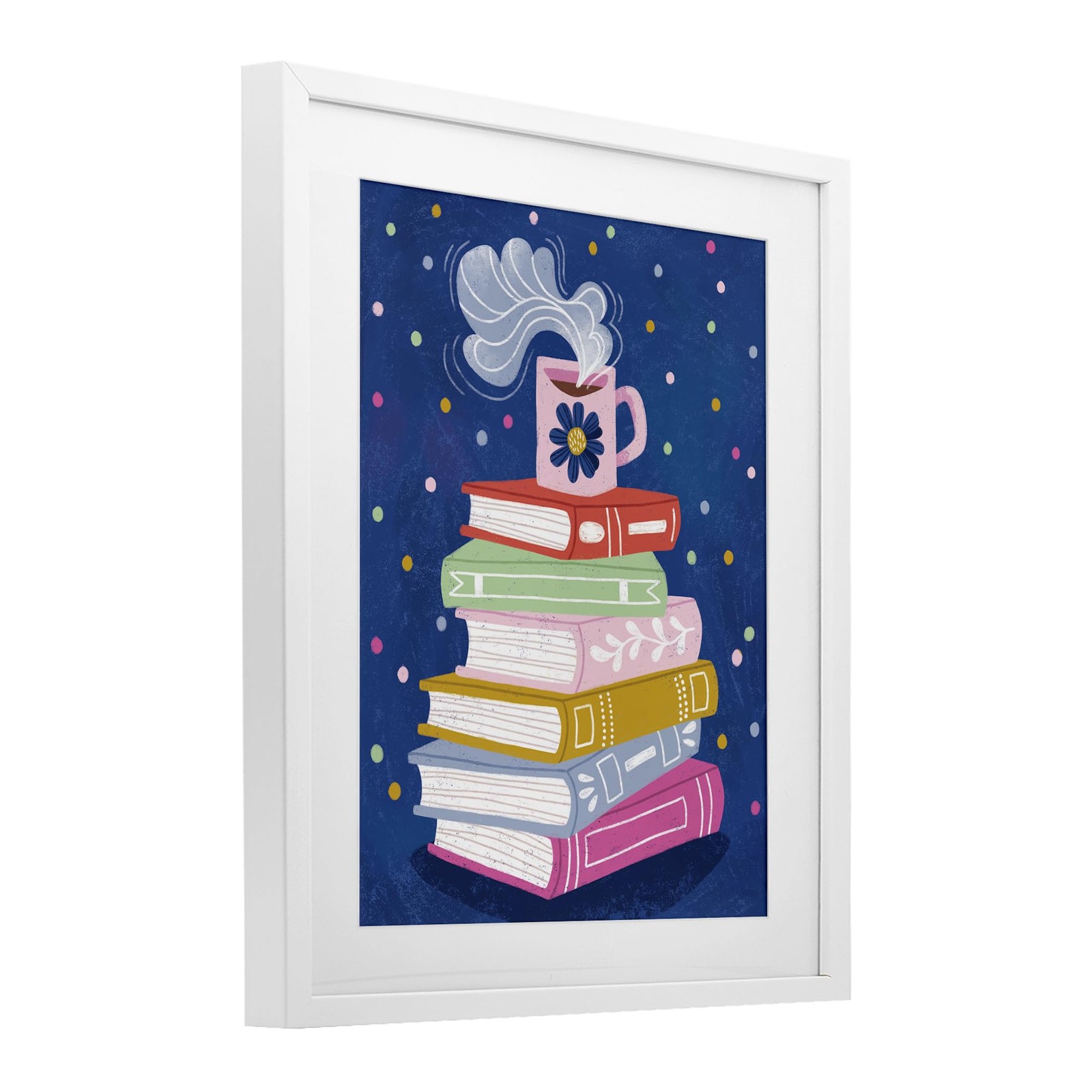 ‘Book Stack & Cozy Mug’, Framed Print Under Glass, White, 17 x 21 Inches, Eas…