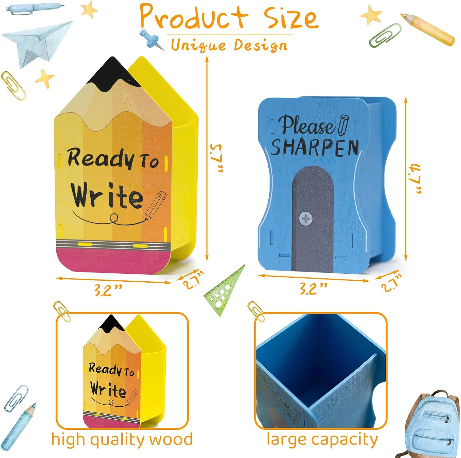 2 PCS Wooden Pencil Dispenser, Sharp and Dull Pencil Holder for Classroom, Back