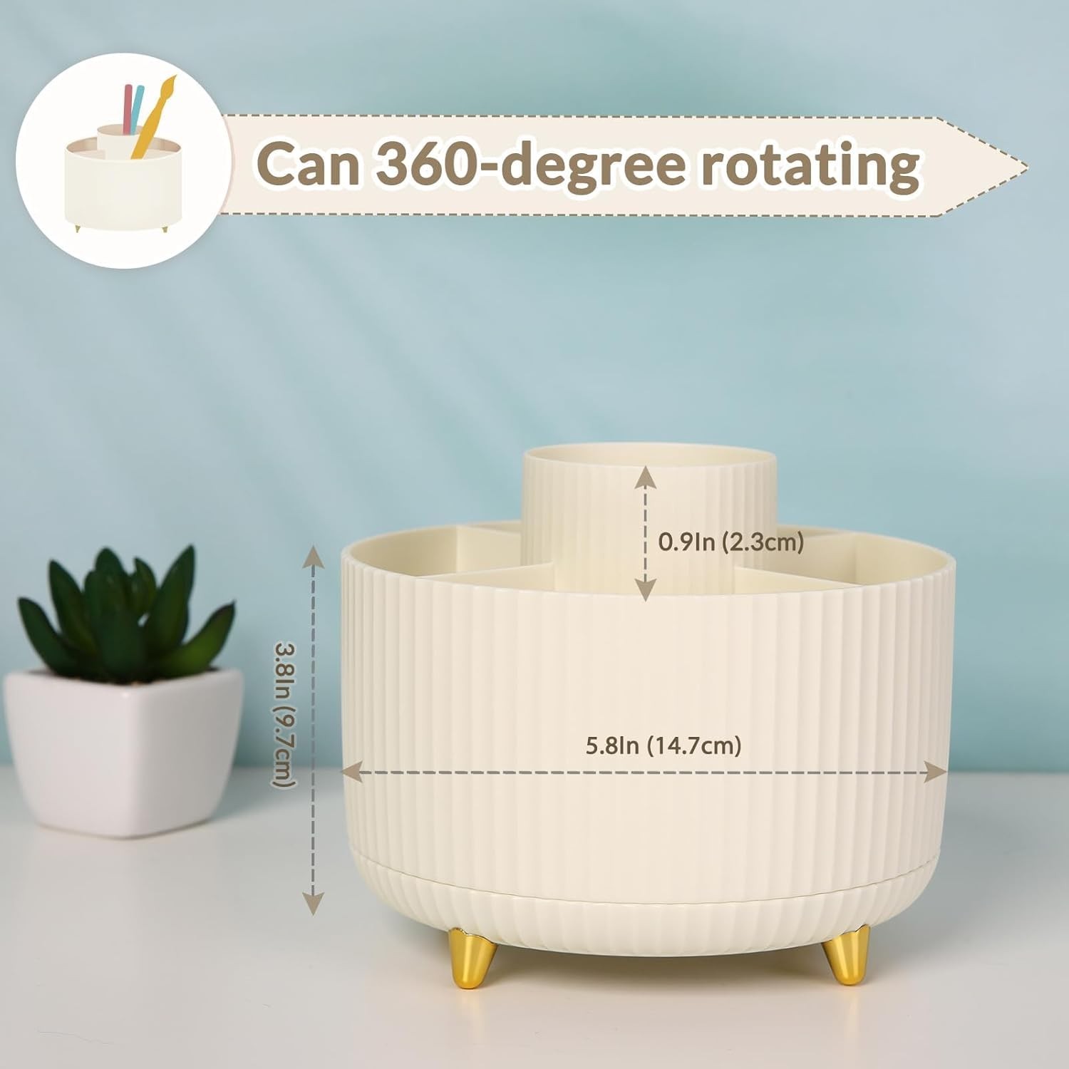 SKYDUE 360 Rotating Plastic Desk Pen Organizer with 5 Slots, Dual-Purpose Art Su