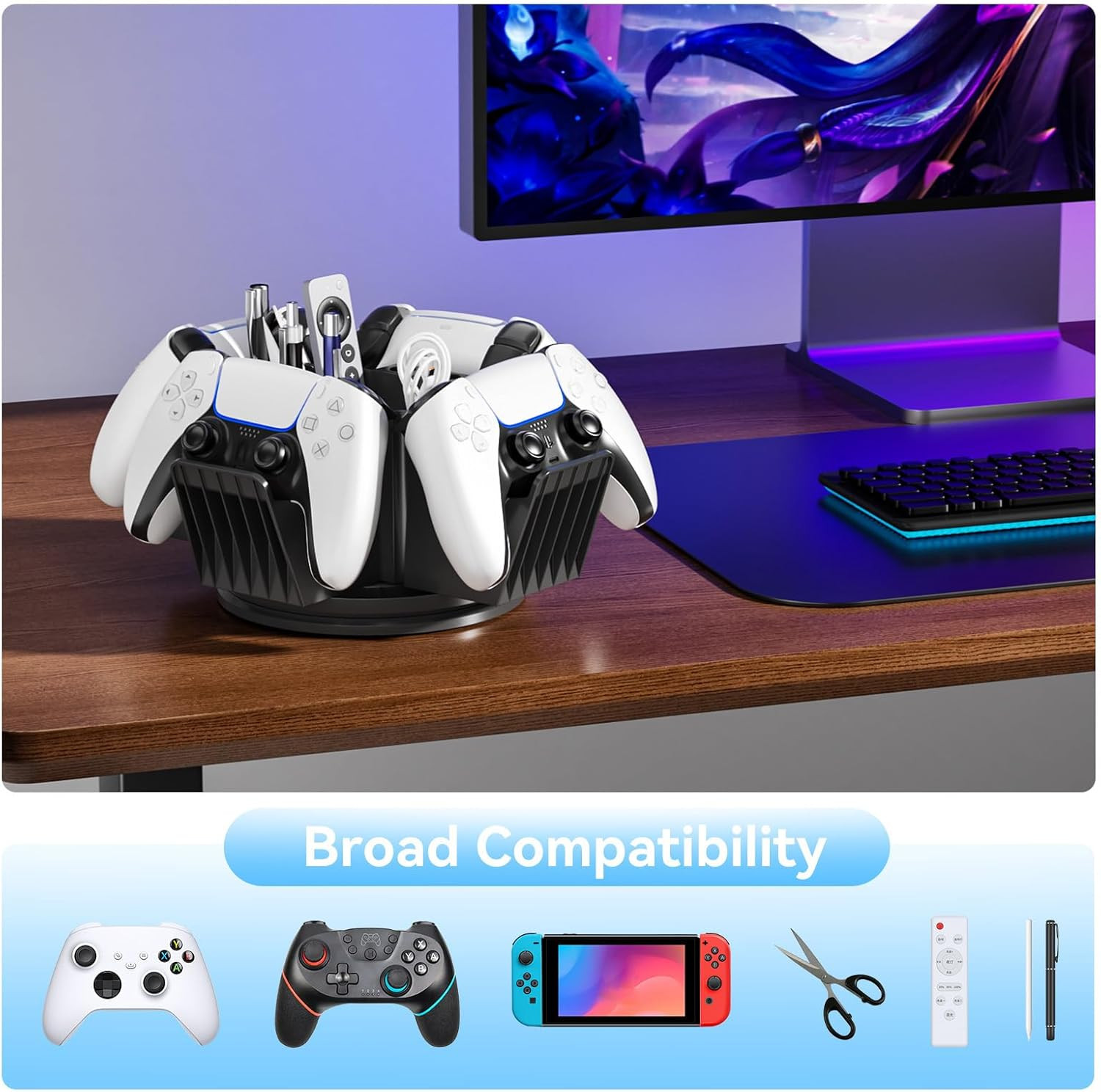 Controller Organizer for Desktop – 360°Rotatable Controller Holder with Storage