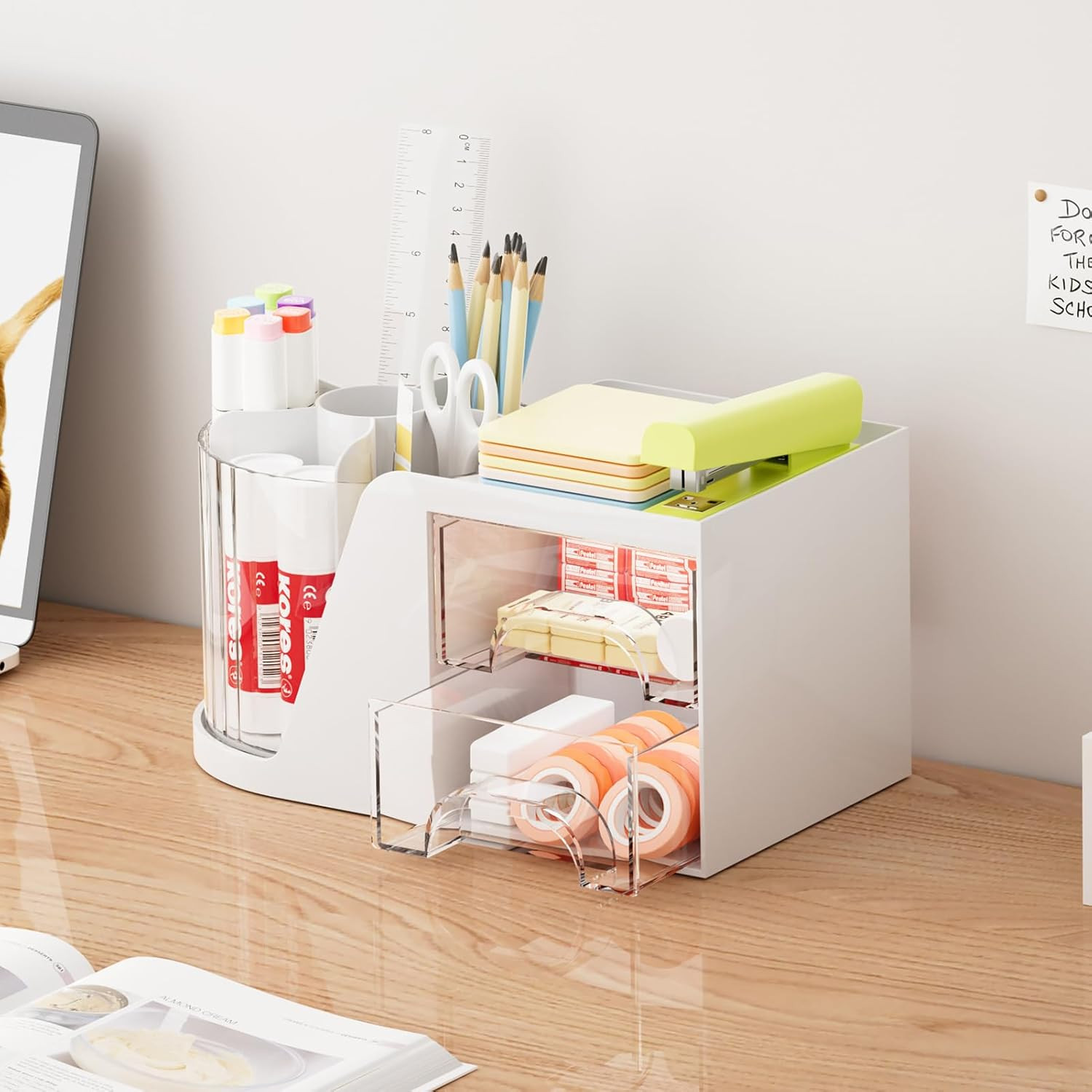 Desk Organizer with 2 Drawer, 360°Rotating Pen Holder, Desk Organizers and Acces
