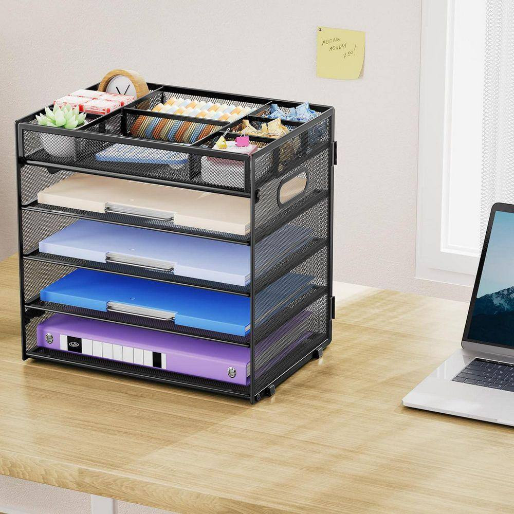 12.5 in X 10.2 in Black Metal 5-Tier Letter Tray Paper Organizer with Handle, Ad