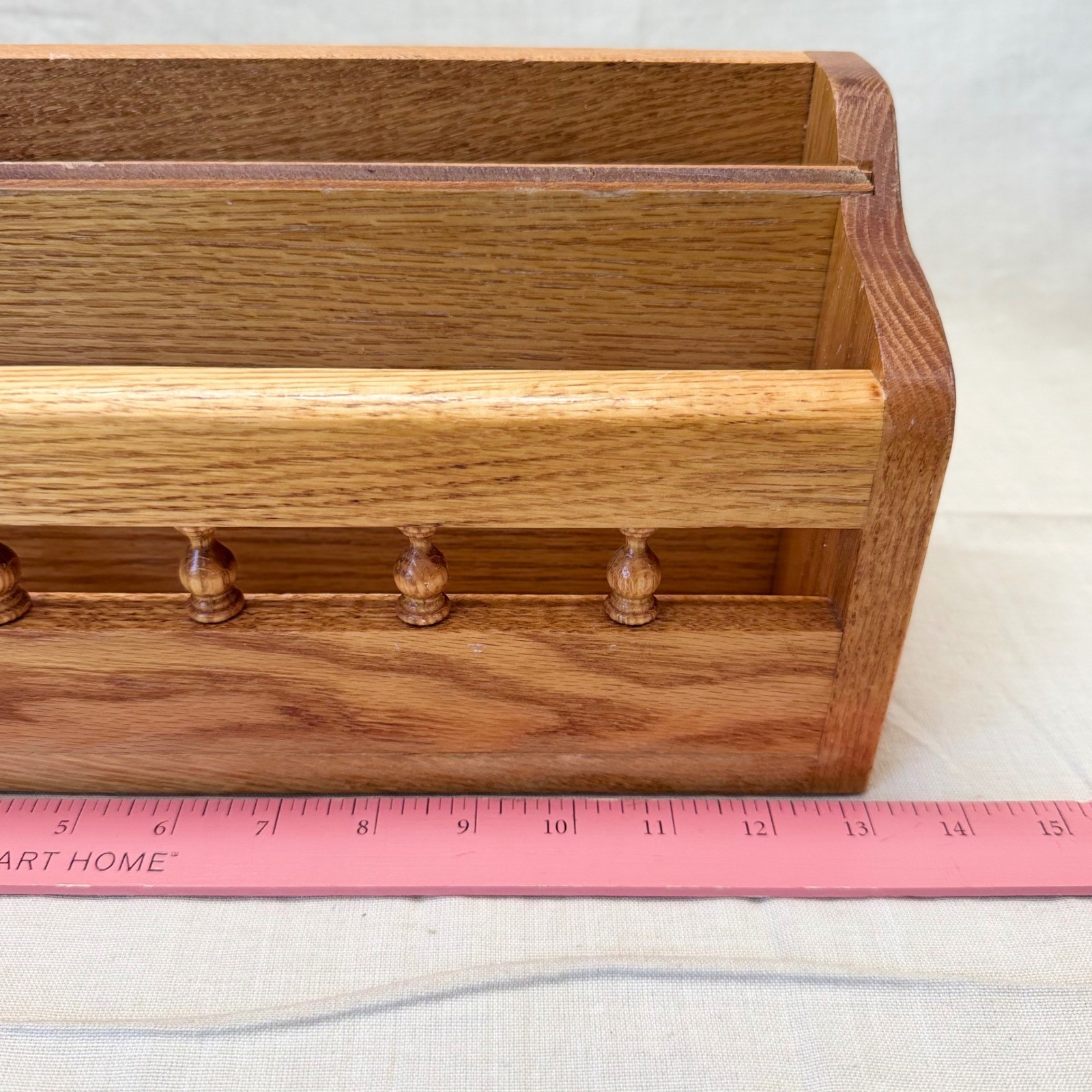 Vintage Oak Wood Desk Letter Mail Organizer Sorter Spindle Railing 13 Inch