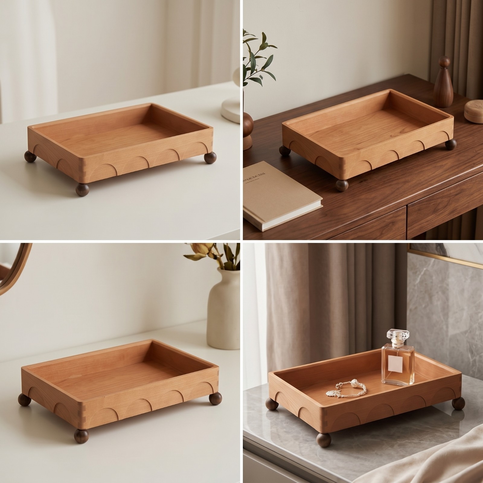 Wooden Tray with Feet Rectangular Wood Storage Tray Space-Saving for Dresser