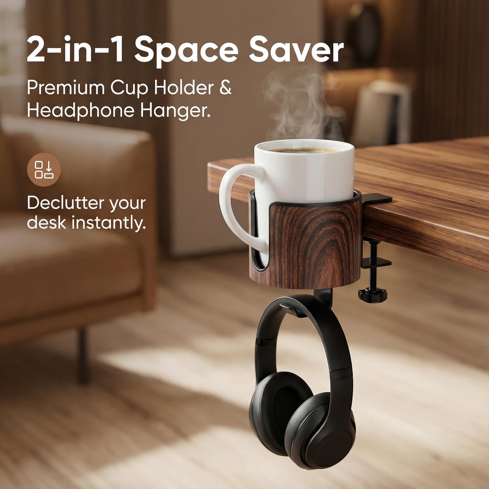Luxury 2In1 Desk Cup Holder Headphone Hanger Home Office Gaming Wooden