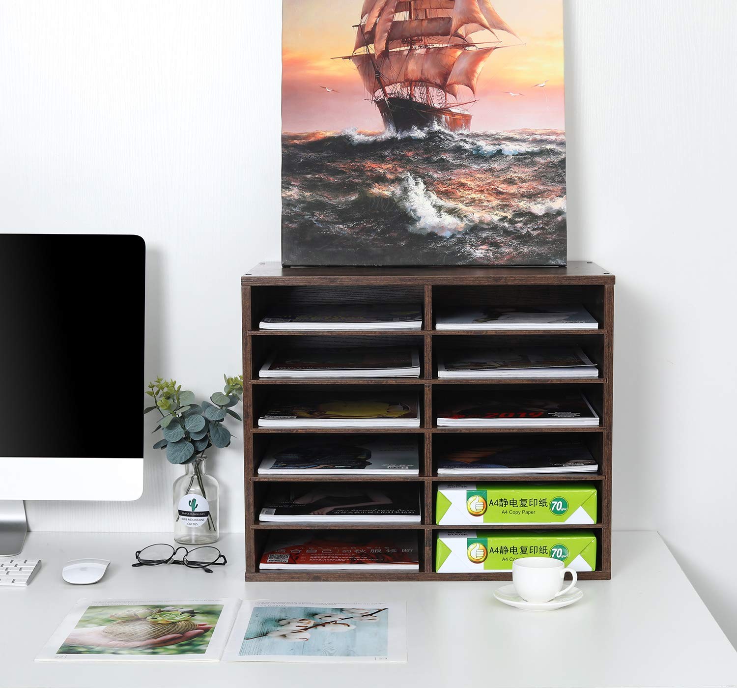 12 Compartments Wooden Literature Organizer with Adjustable Shelves, 6000 She…