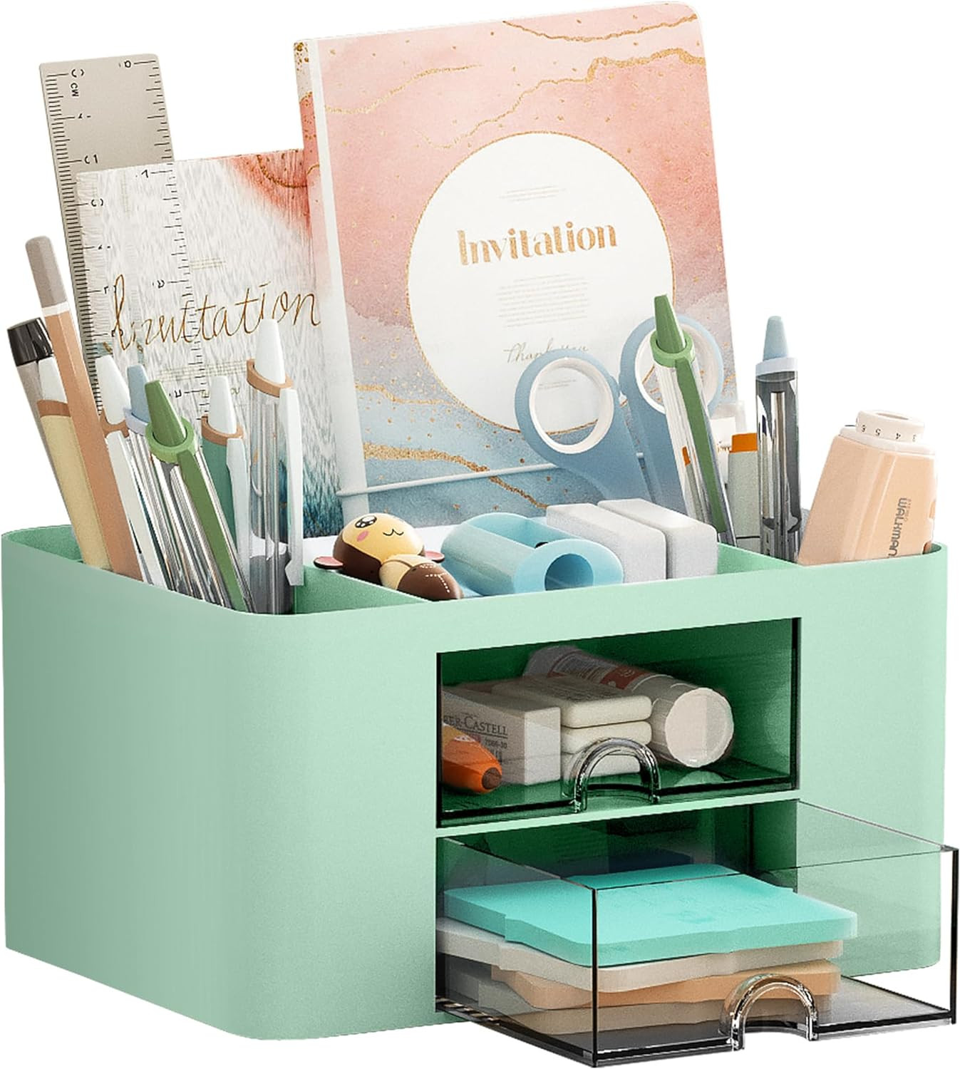 Pen Organizer with 2 Drawer, Multi-Functional Pencil Holder for Desk, Desk Organ