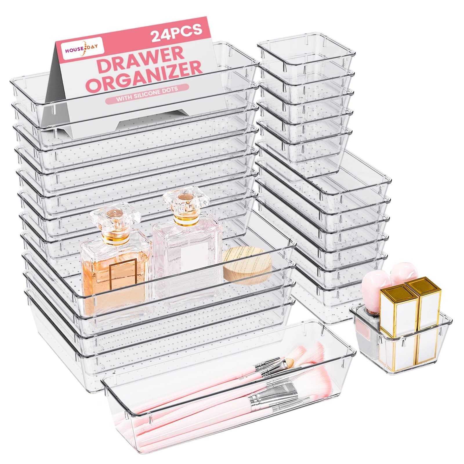 HOUSE DAY Makeup Drawer Organizer Trays 24 PCS, 24 Pcs – 4 Sizes, Clear