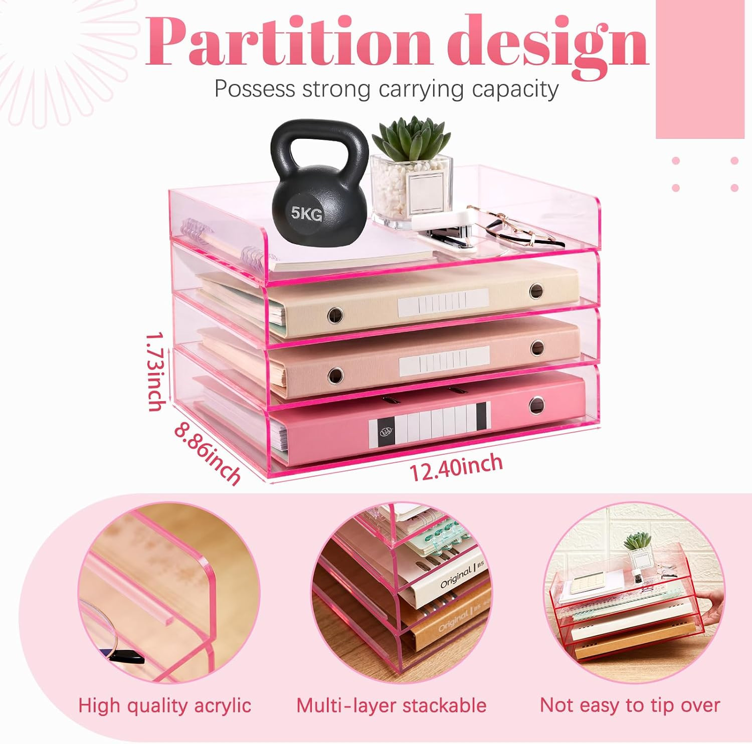 4 Tier Clear Hot Pink Acrylic Paper Organizer Letter Tray, Aesthetic Stackable L