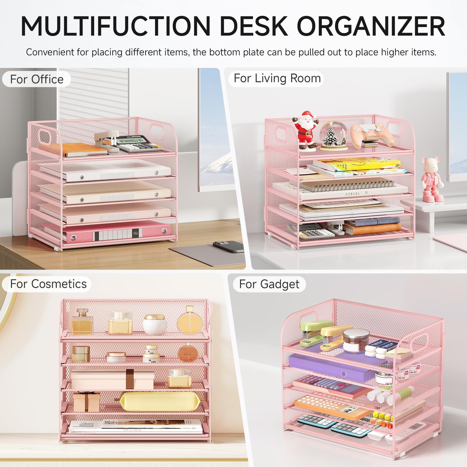 Lavatino Desk Paper Organizer with Handle, 2 Pack 5-Tier Pink Mesh Desk File