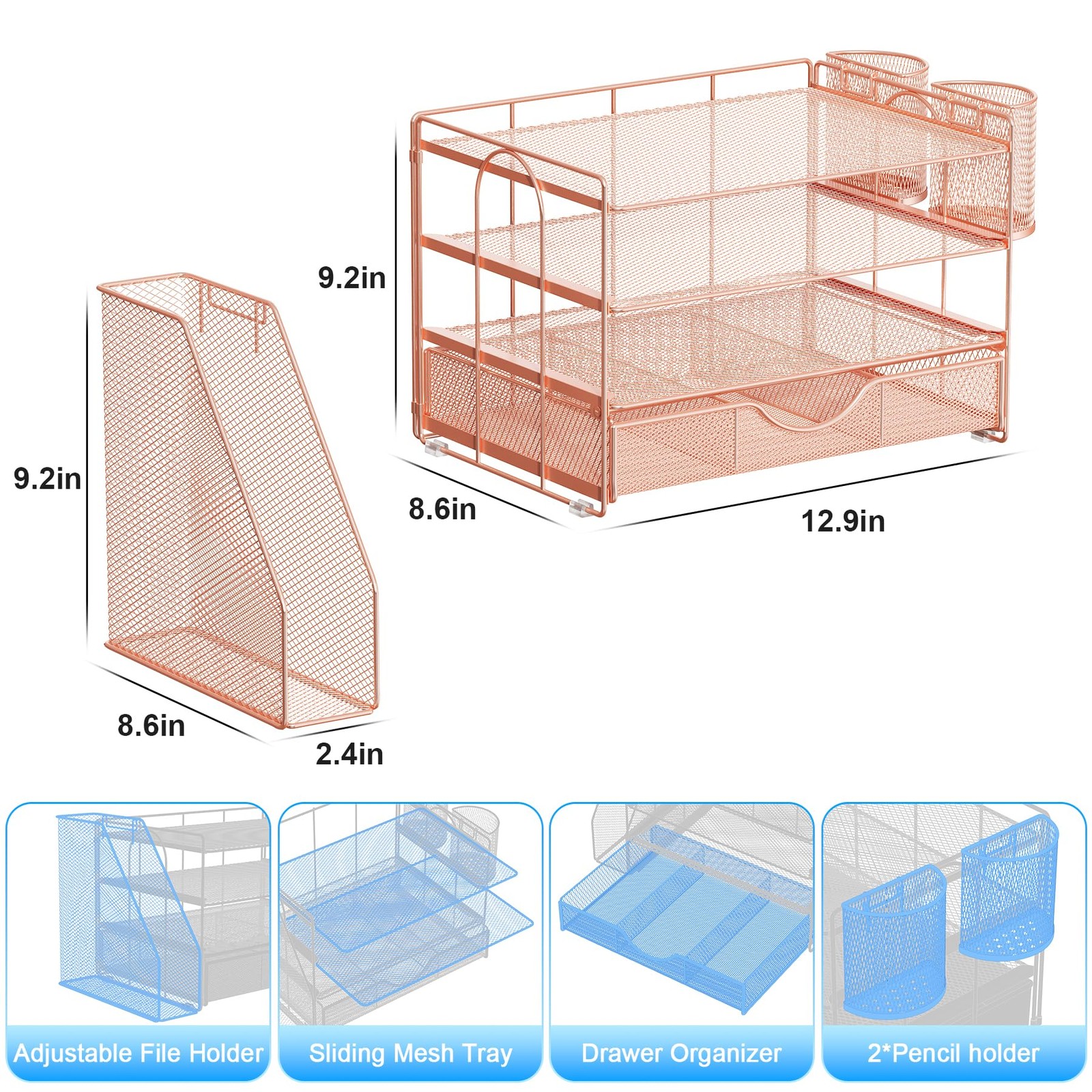gianotter Desk Organizers and Accessories with 16.3″ x 9.4″ x 9″, Rose Gold
