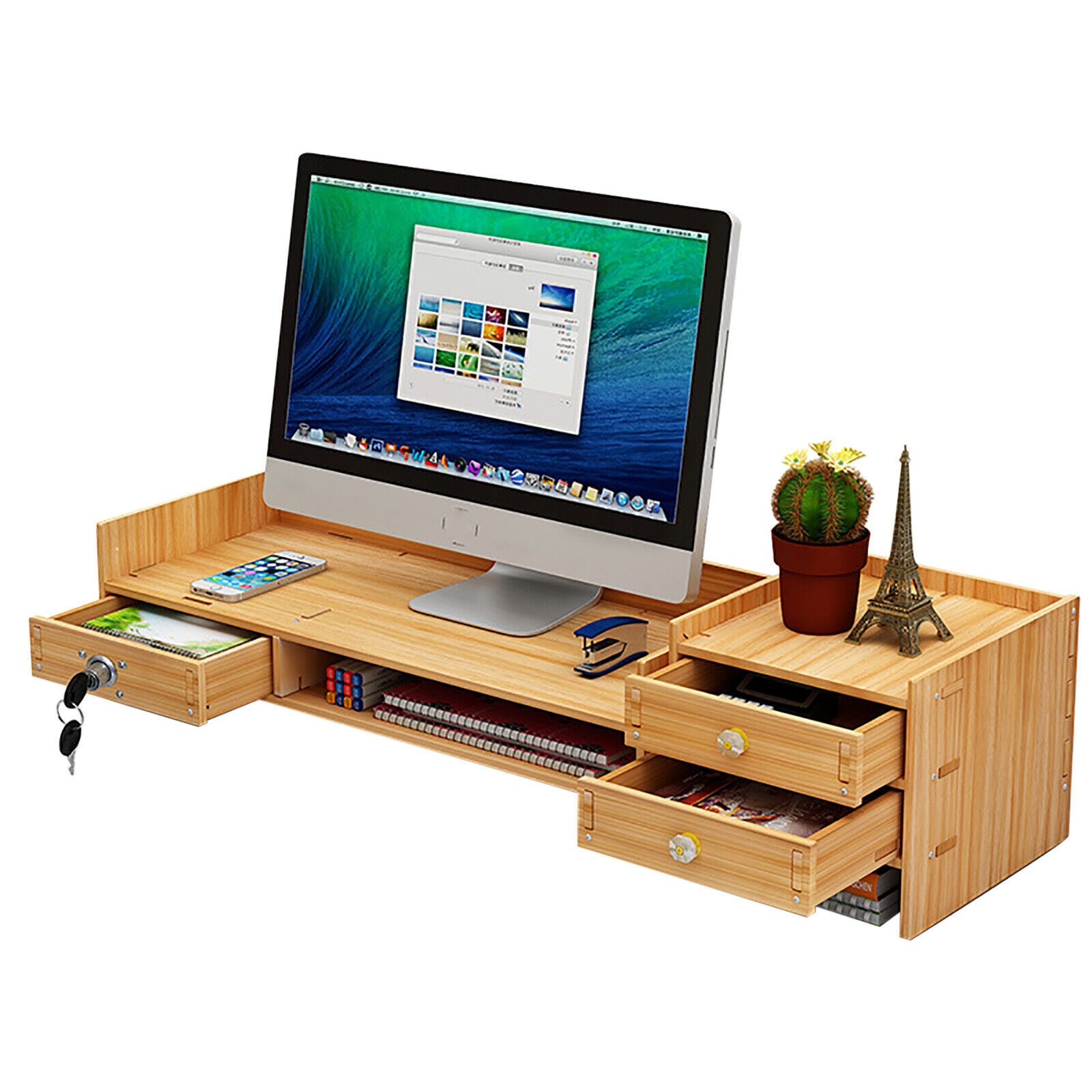 Wooden Desk Organizer with Drawers Office Supplies Computer Desktop Tabletop