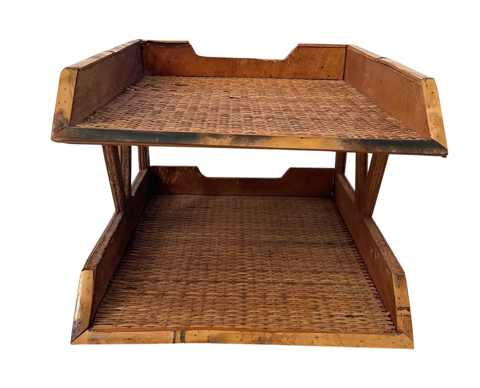 Vintage Burnished Bamboo Woven Rattan 2 Tiered Desk Organizer. Boho Coastal Deco