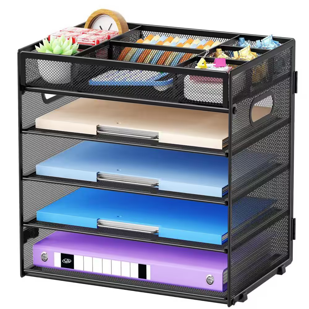 12.5 in X 10.2 in Black Metal 5-Tier Letter Tray Paper Organizer with Handle, Ad