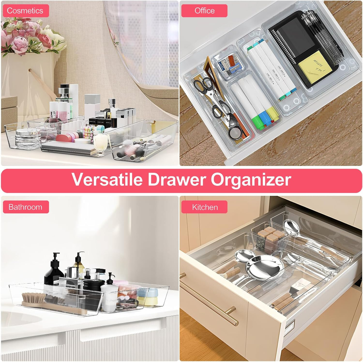 65 Piece Clear Plastic Drawer Organizer Set Space Saving Design, 4 Sizes