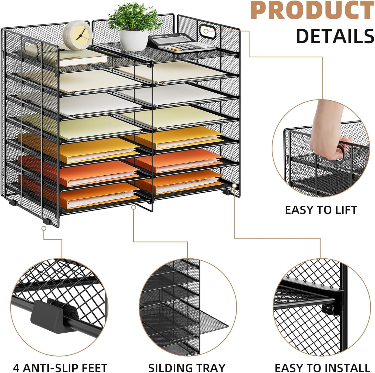 12 Slots Desktop Literature Organizer, 7-Tier Mesh Paper Organizer for Desk, Adj