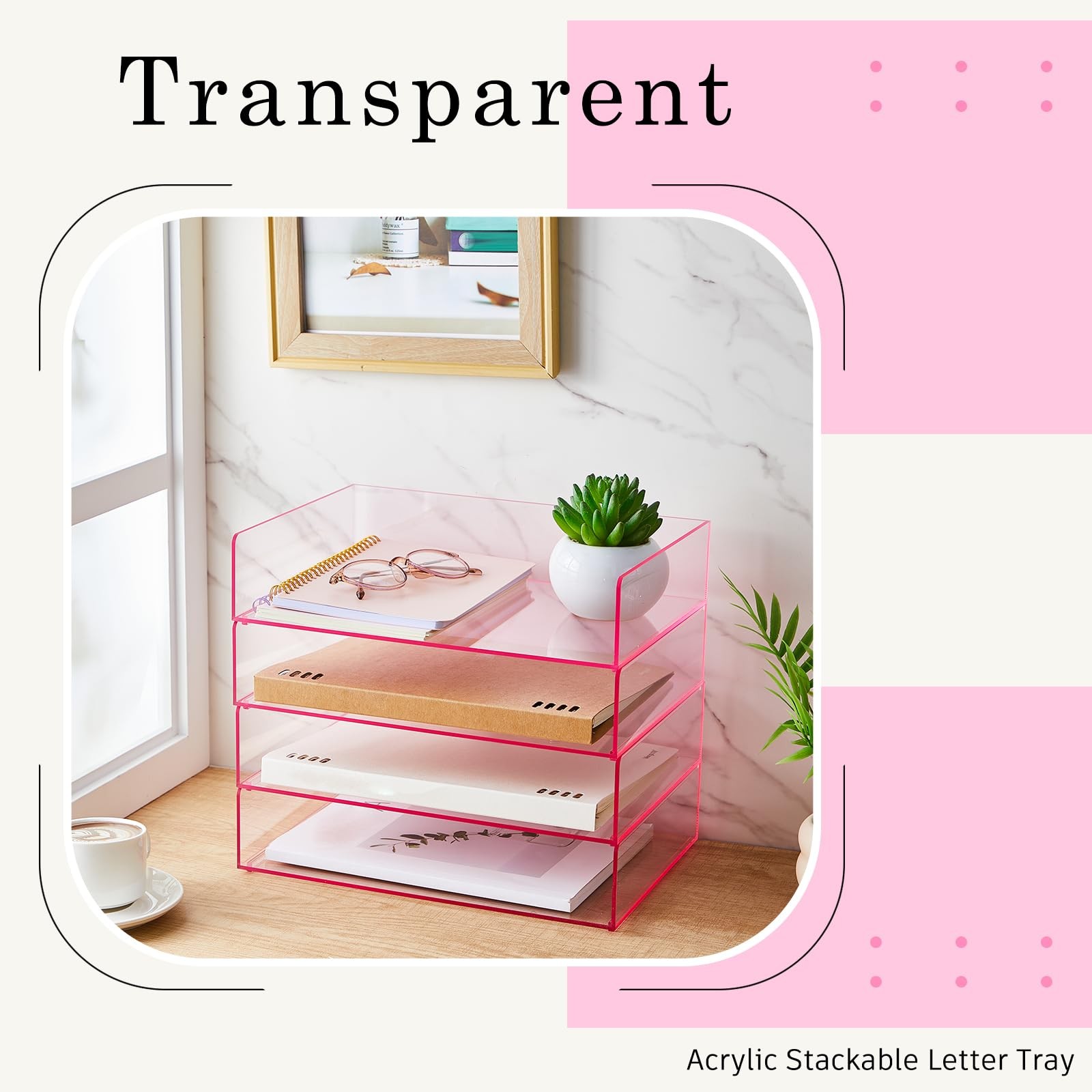 4 Tier Pink Acrylic Desk File Organizer Stackable Letter/A4 Paper Tray Home