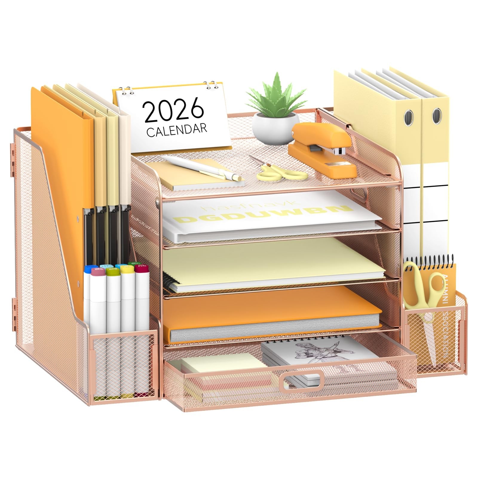 SUPEASY Mesh Desk Organizer with File Holder, 5-Tier Paper Medium, Rose Gold