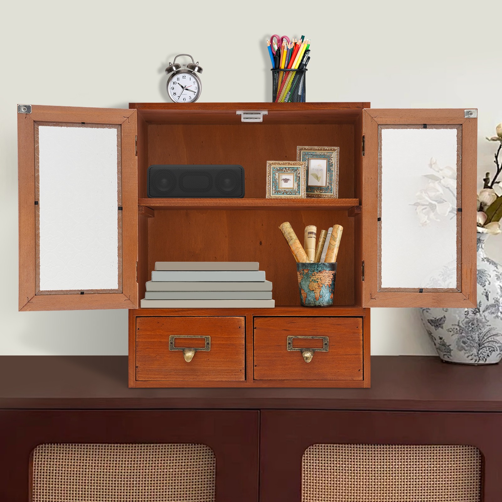 Vintage Tabletop Organizer with 2 Drawers & Glass Door Storage Cabinet Brown