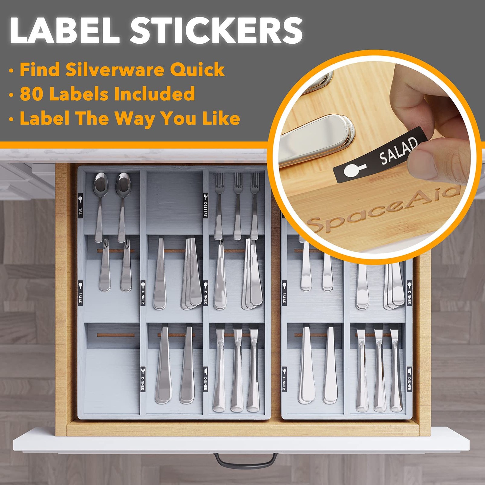 SpaceAid Bamboo Silverware Drawer Organizer with 15.6″L x 8″W x 2.4″H, Gray