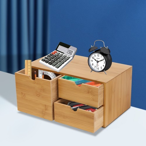 Desk Organizer Office Desktop Drawers Storage Bamboo Box Storage Recess Handle