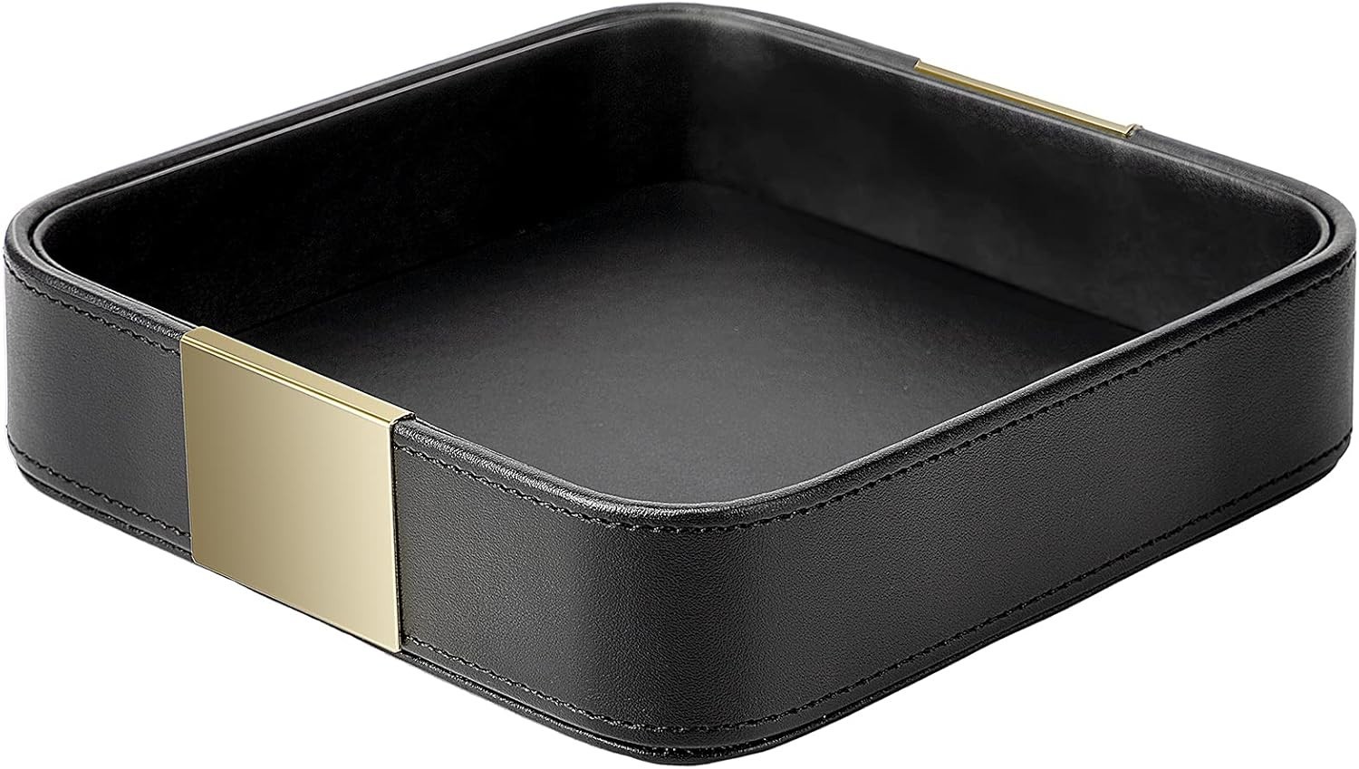 Exquisite Leather Catchall Organizer with Metal Gilded Accents, Black 7.7″