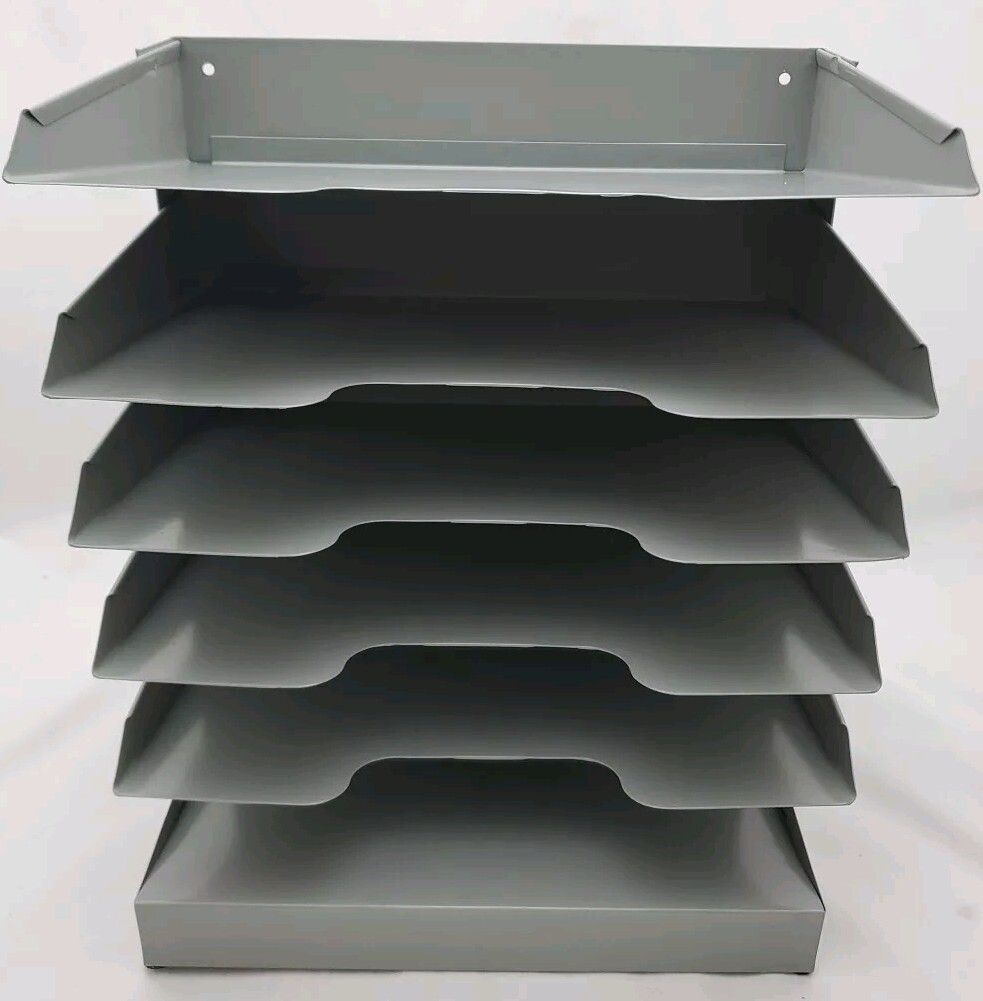 Horizontal Heavy Duty Metal Grey 6 Slot Desk / Wall File Tray ~New