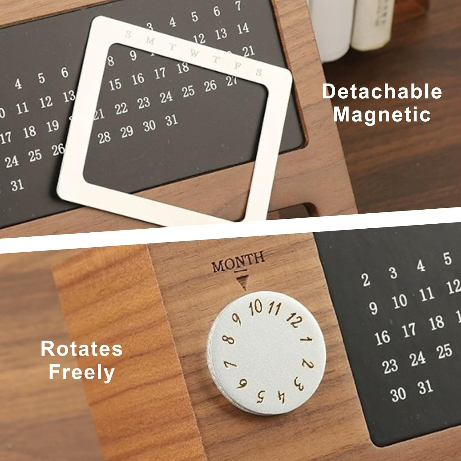 Wooden Calendar Pencil Pen Holder, Desk Organizer with 2 Slots, Multifunctional