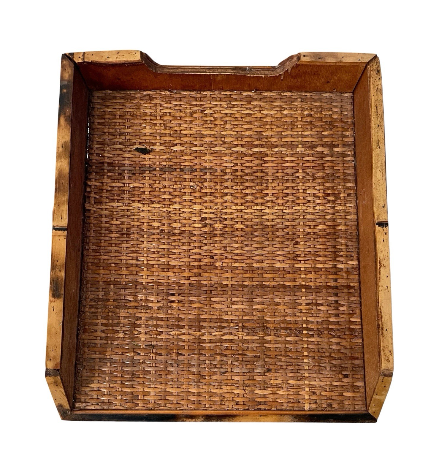 Vintage Burnished Bamboo Woven Rattan 2 Tiered Desk Organizer. Boho Coastal Deco