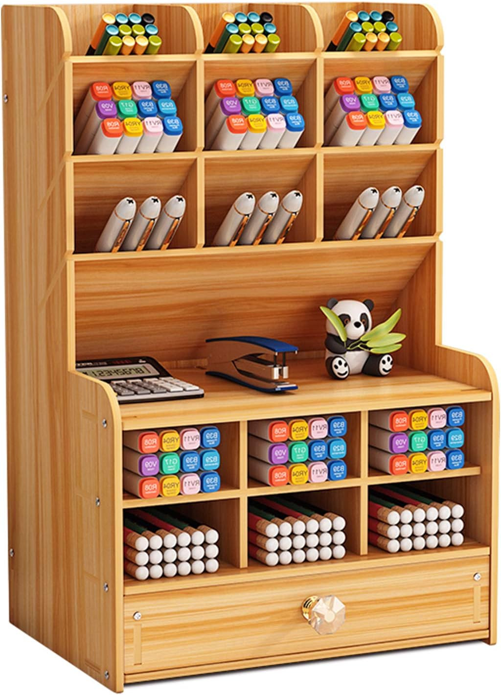 Wooden Desk Stationary Organizer, Multi-Functional Pen Holder, Storage Rack for