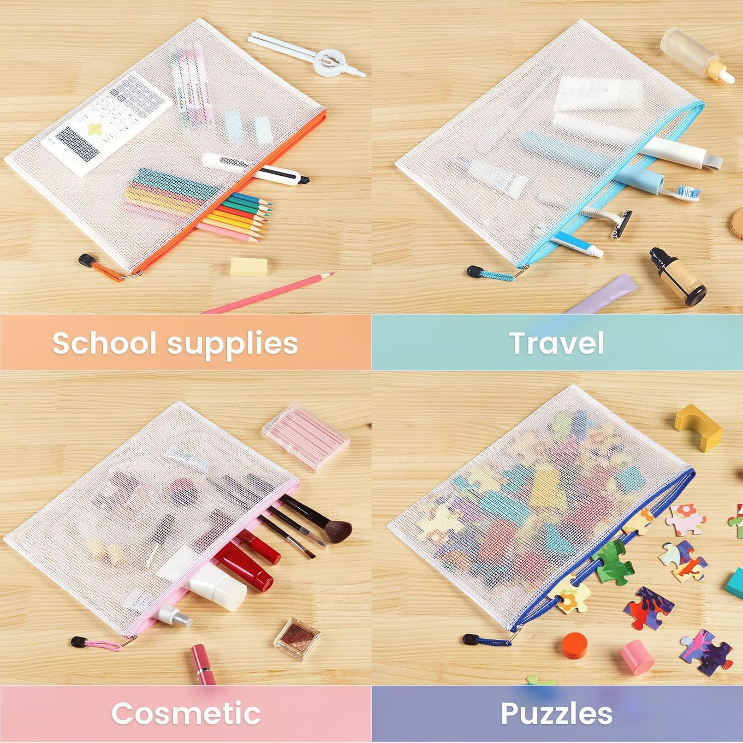 24 Pack Mesh Zipper Pouch with Sticky Labels, A4 Mesh Bags, Toy Storage Board Ga