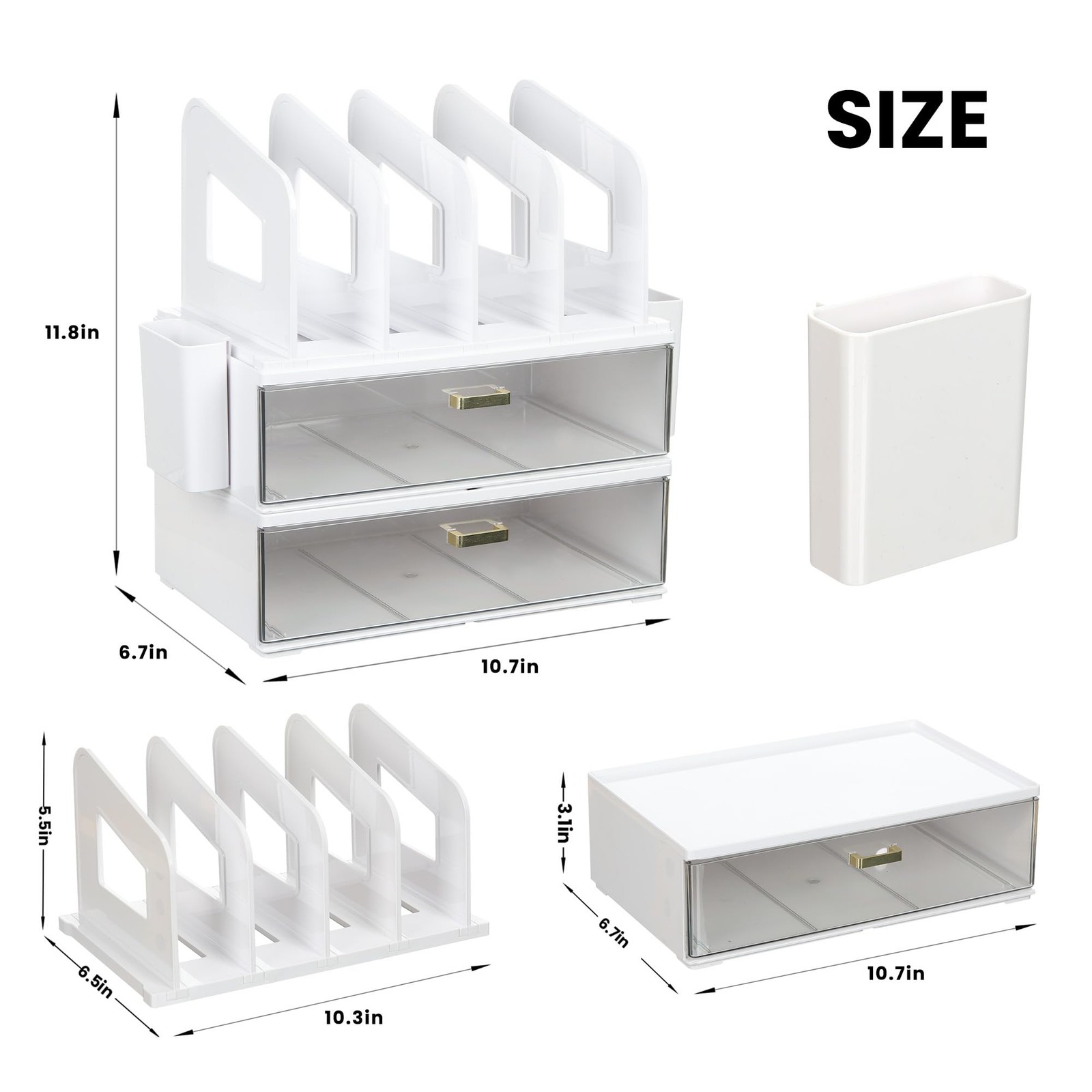 LALOBLUE Acrylic Desk Organizer with Drawer and Vertical File 2 Layer, White