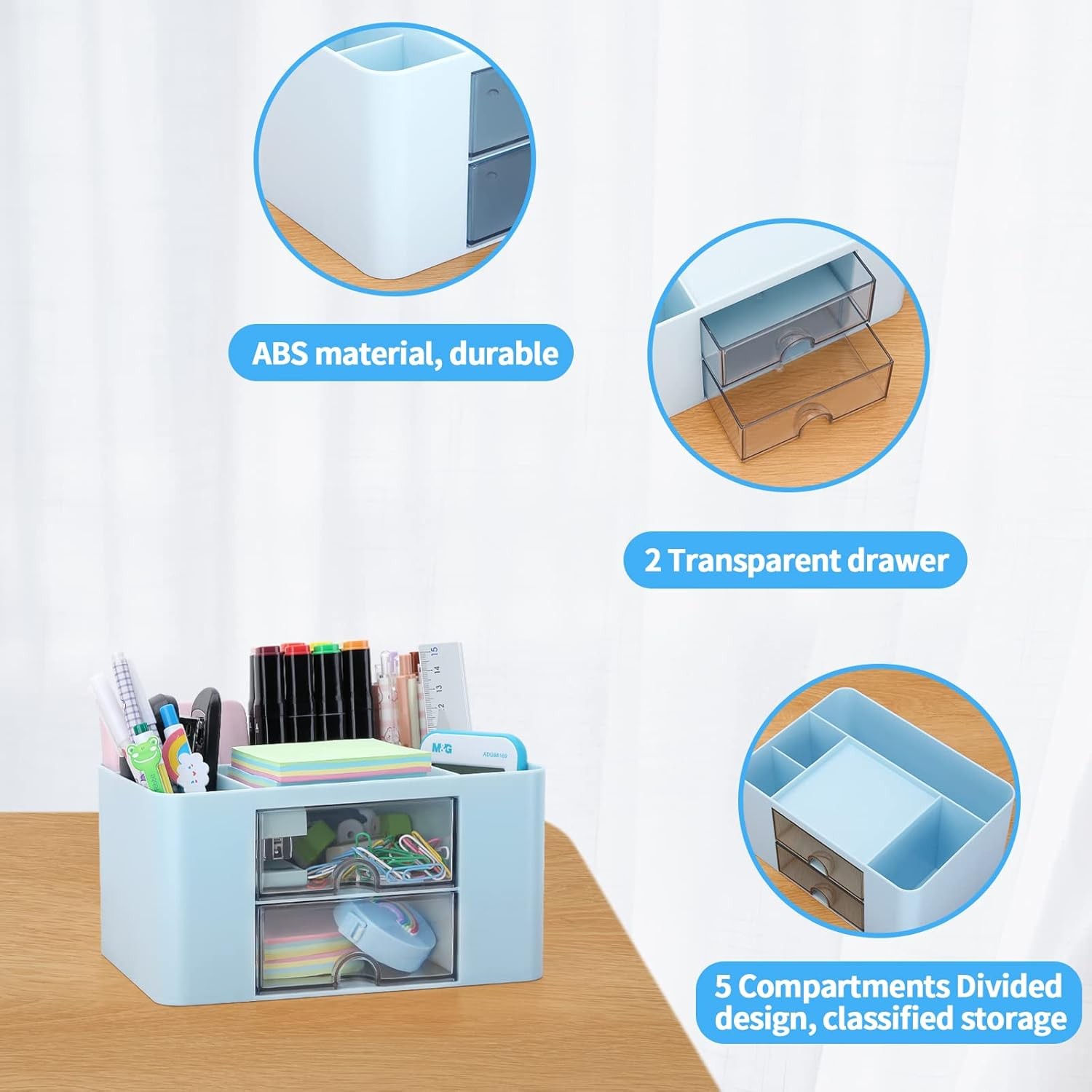 Desk Organizer with 2 Drawer, Plastic Desktop Pen Pencil Card Holder Storage Box
