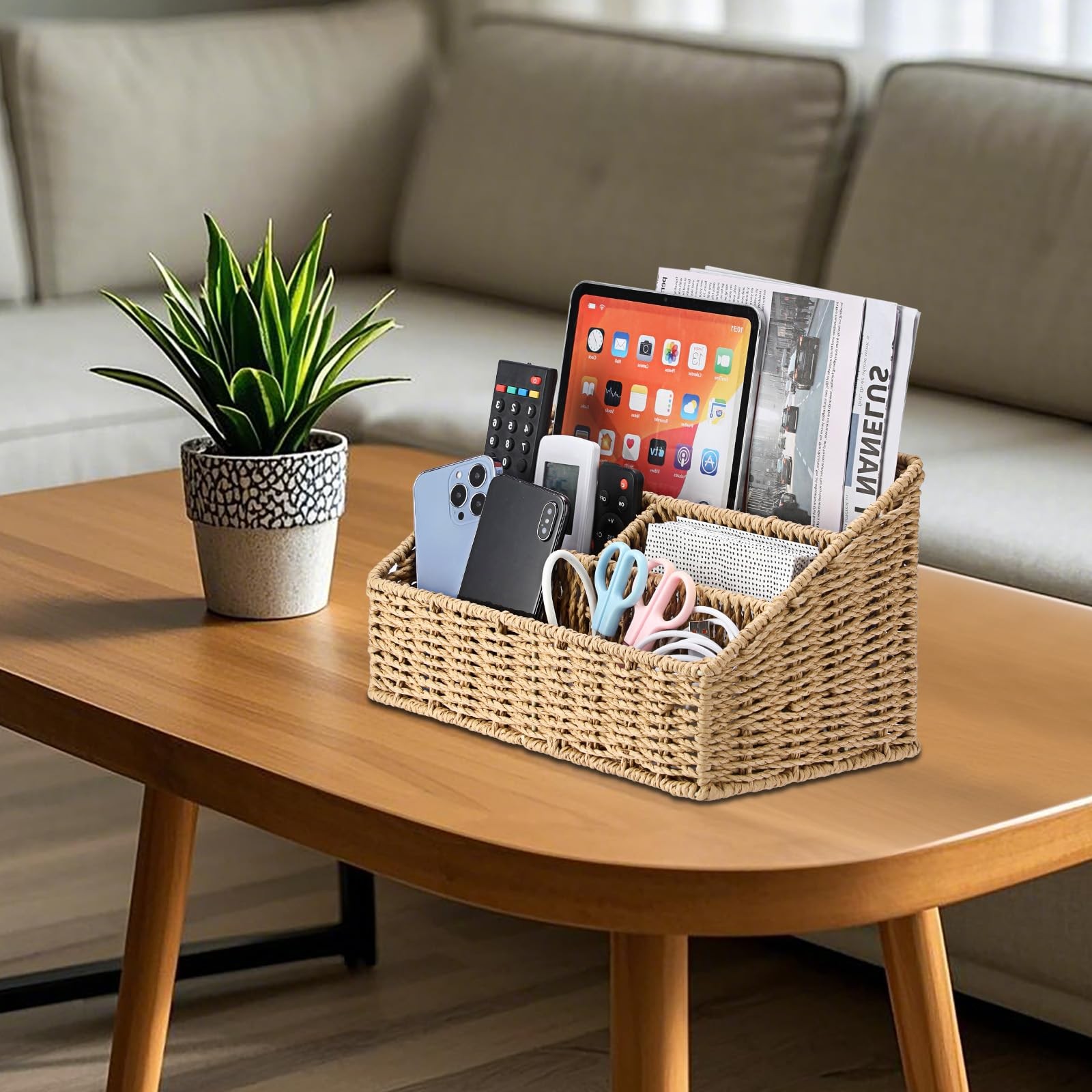 Woven Storage Basket Rattan Vertical Wicker Storage Baskets with 4 Compartmen…