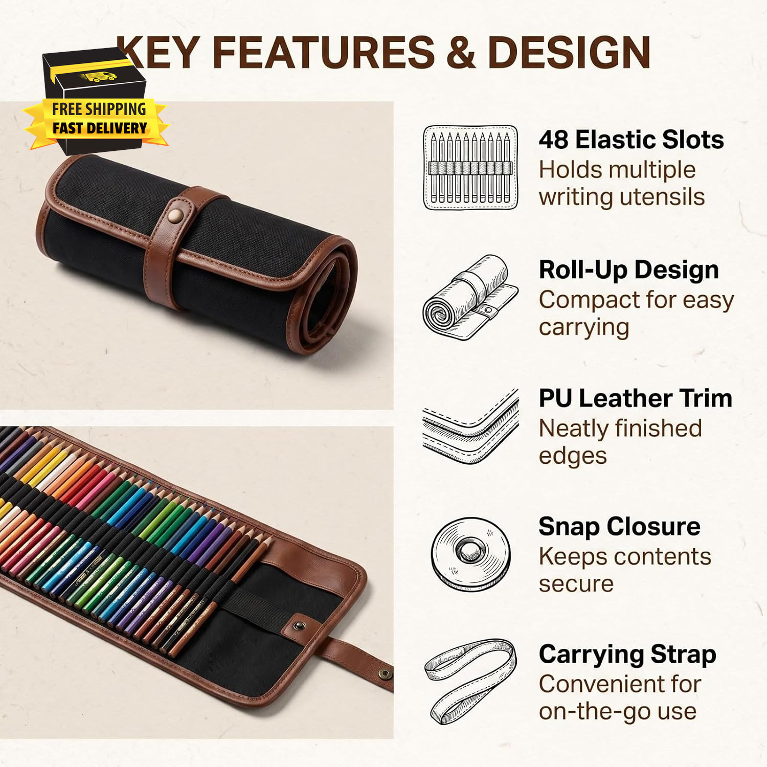 48 Slot Canvas Pencil Wrap, Colored Pencils Roll, Pencil Organizer Holder for Ar