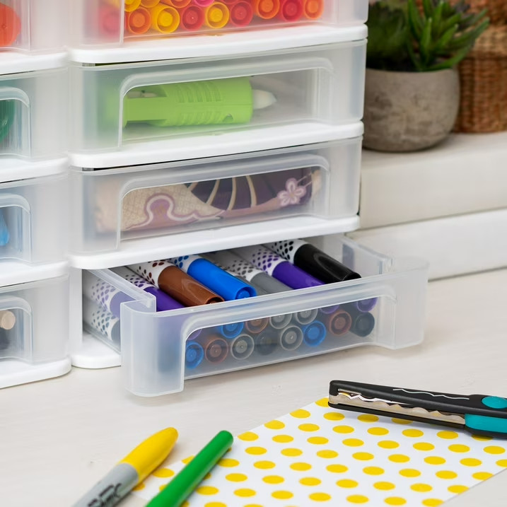 IRIS Small 4-Drawer Compact Desktop Organizer, Stacking Desktop Unit, White-Clea