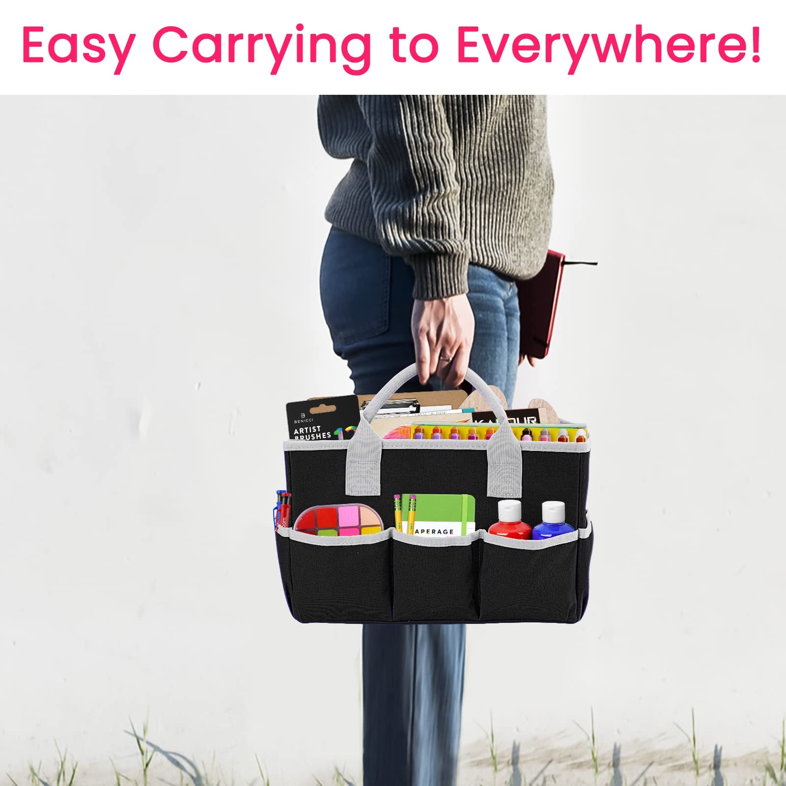 Desktop Tote Organizer Teacher Bag For Arts Books Stationery Makeup Black